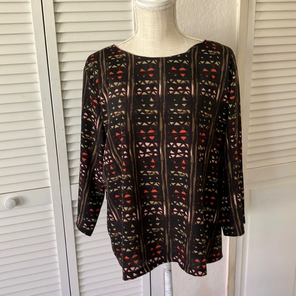 Gertrude's‎ Secret Black Top Geometric Print Rust Olive Green Pink size M